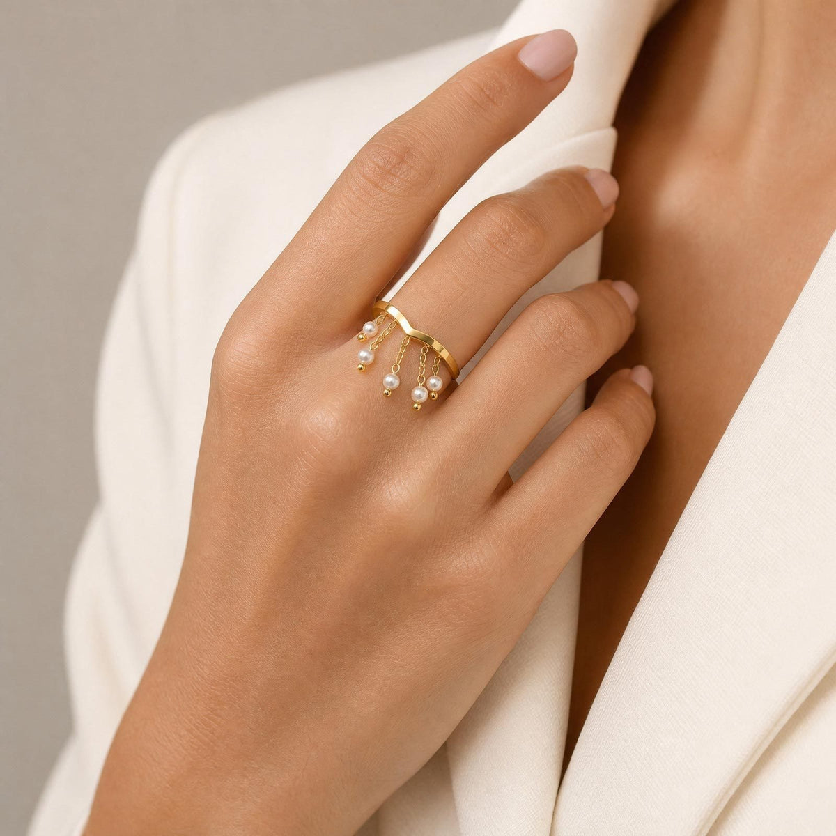 Ladies Open Ring Stainless Steel Gold V-Shaped Imitation Pearl Tassel Elegant