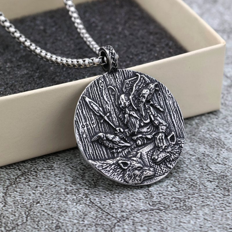 Planderful Odin Pendant Necklace Vintage Stainless Steel Unisex Double Sided Viking God Jewelry