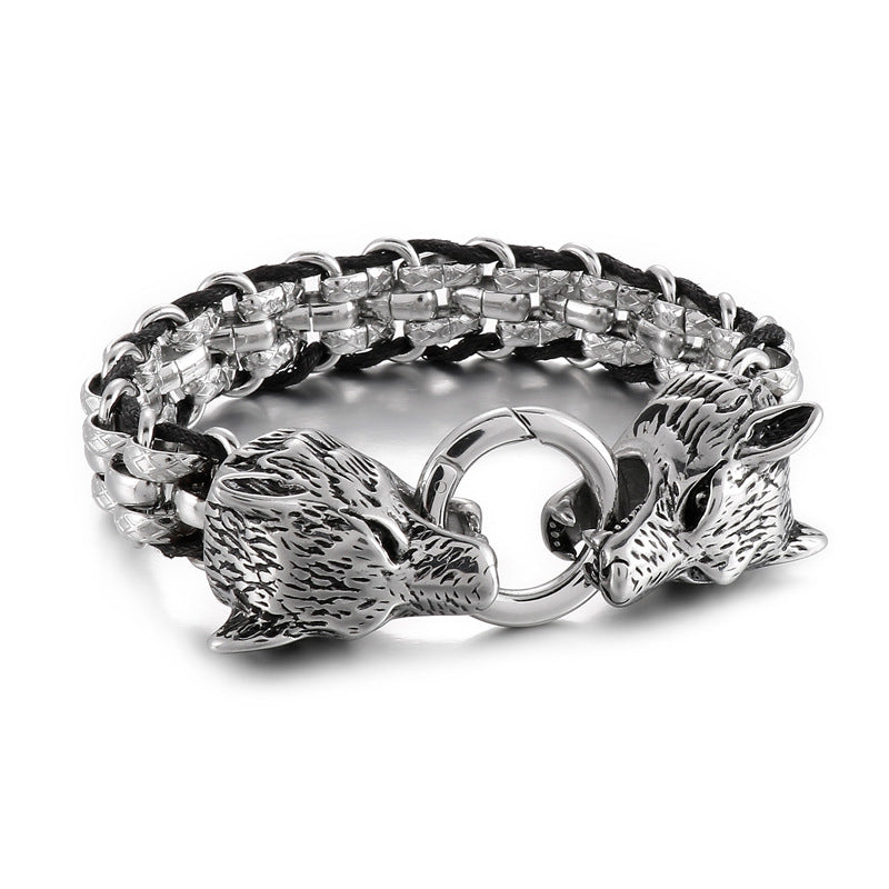 Street Style Leather Cord Bracelet – Woven Diamond Pattern Double