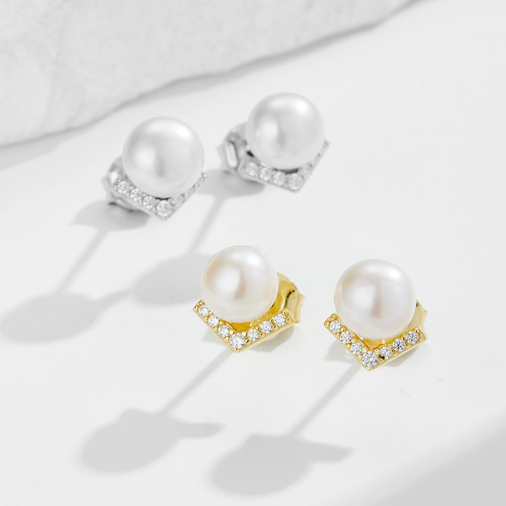 S925 Sterling Silver V-Shaped Zircon Inlaid Natural Pearl Stud Earrings French Retro Romantic
