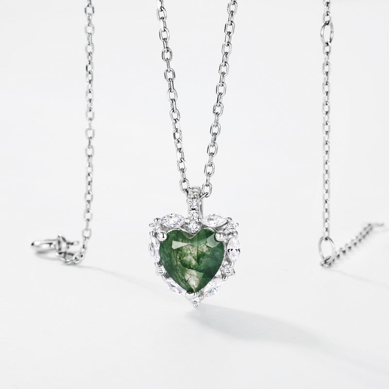 Planderful Jewelry Sterling Silver Necklace With Green Moss Agate Pendant And Zircon Accents