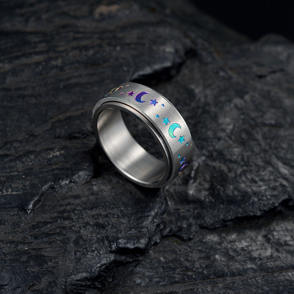 Celestial Rotating Silver Star Moon Ring - Stainless Steel Unisex Jewelry Bulk Buy