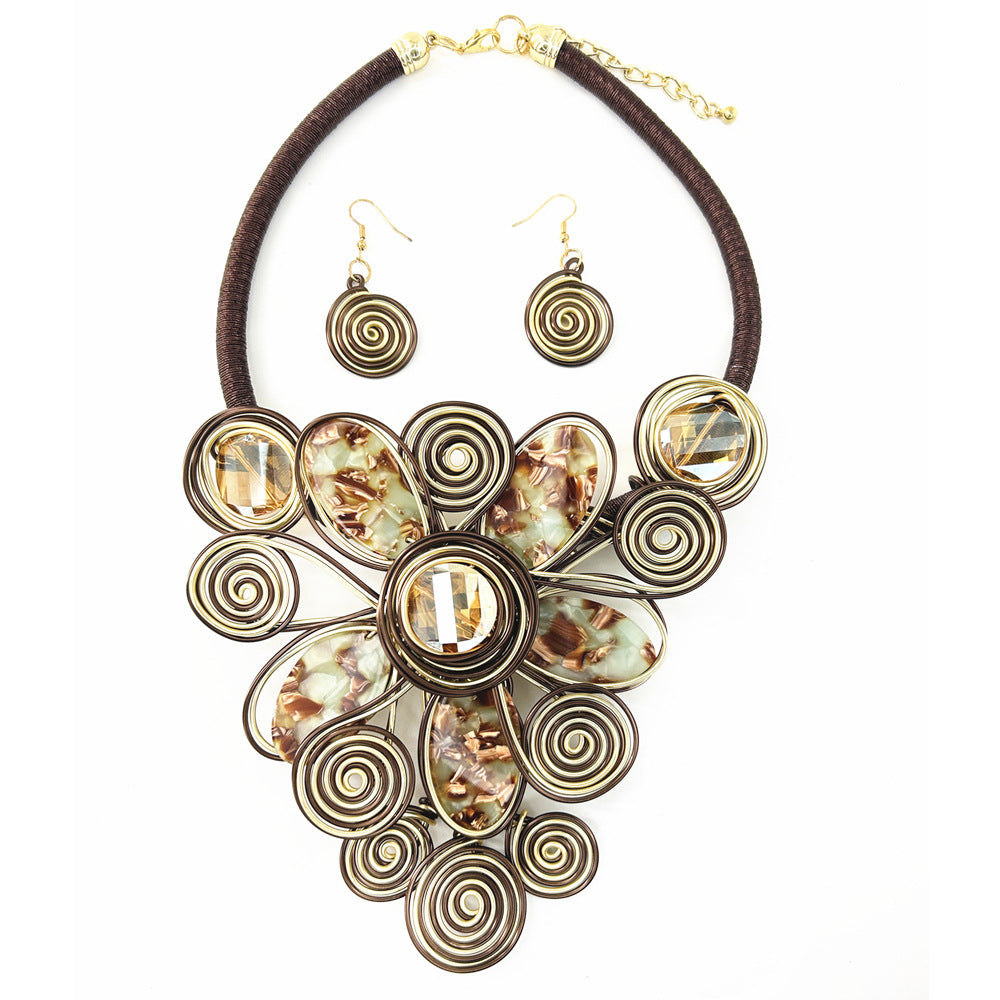 Exaggerated Handmade Baroque Style Aluminum Wire Plate Necklace and Earring Set- Savanna Rhythms Collection