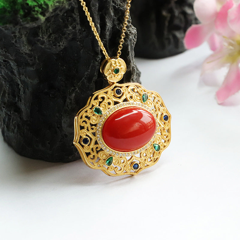 Egg-Shaped Sterling Silver Necklace with South Red Agate Pendant and Zircon Hollow Detail