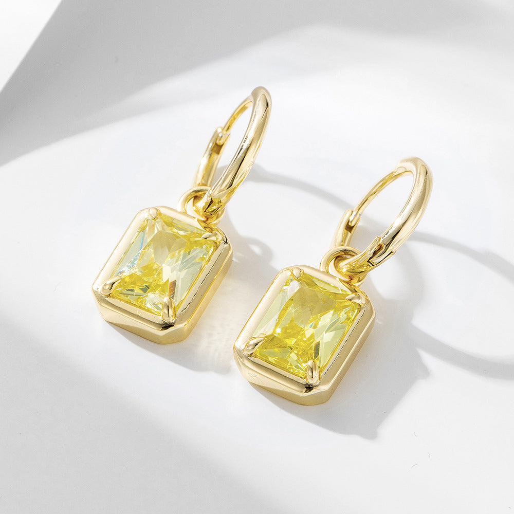 Zircon Inlaid Square Pendant Earrings Sterling Silver Earclips Fringed Earrings