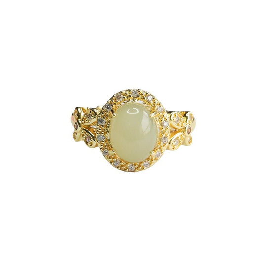 Oval Hotan Jade Zircon Sterling Silver Ring - Luxury Hollow Jewelry