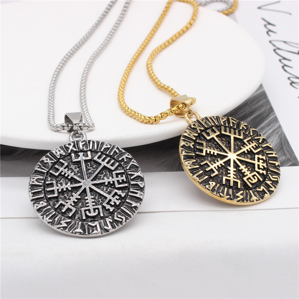 Viking Compass Pendant Unisex Dark Steel Disc With Protection Symbol For Travelers Premium Planderful