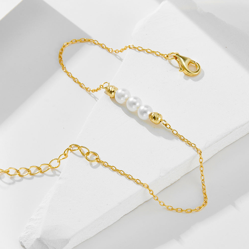 S925 Sterling Silver Beaded Pearl Bracelet And Elegant