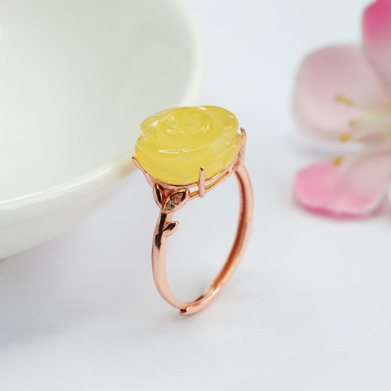 Yellow Flower Amber Bee Ring in Sterling Silver