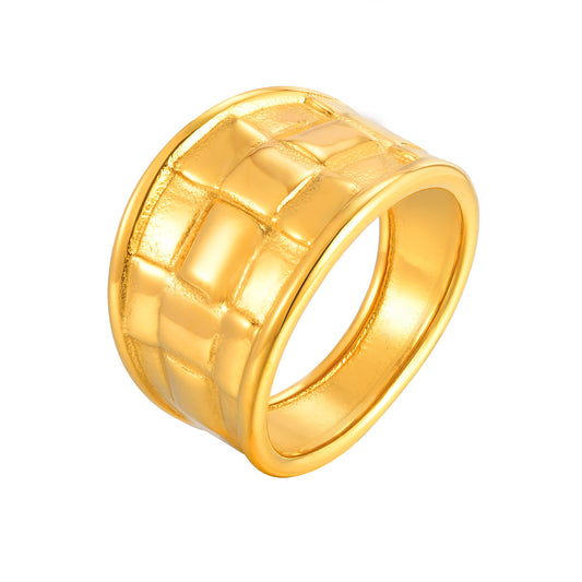 Stainless Steel Gold-Plated Checkered Woven Ring Women's