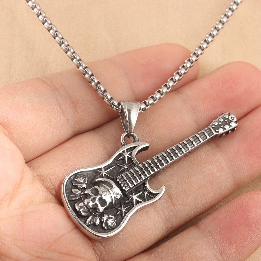 European And American Stainless Steel Skull Guitar Pendant