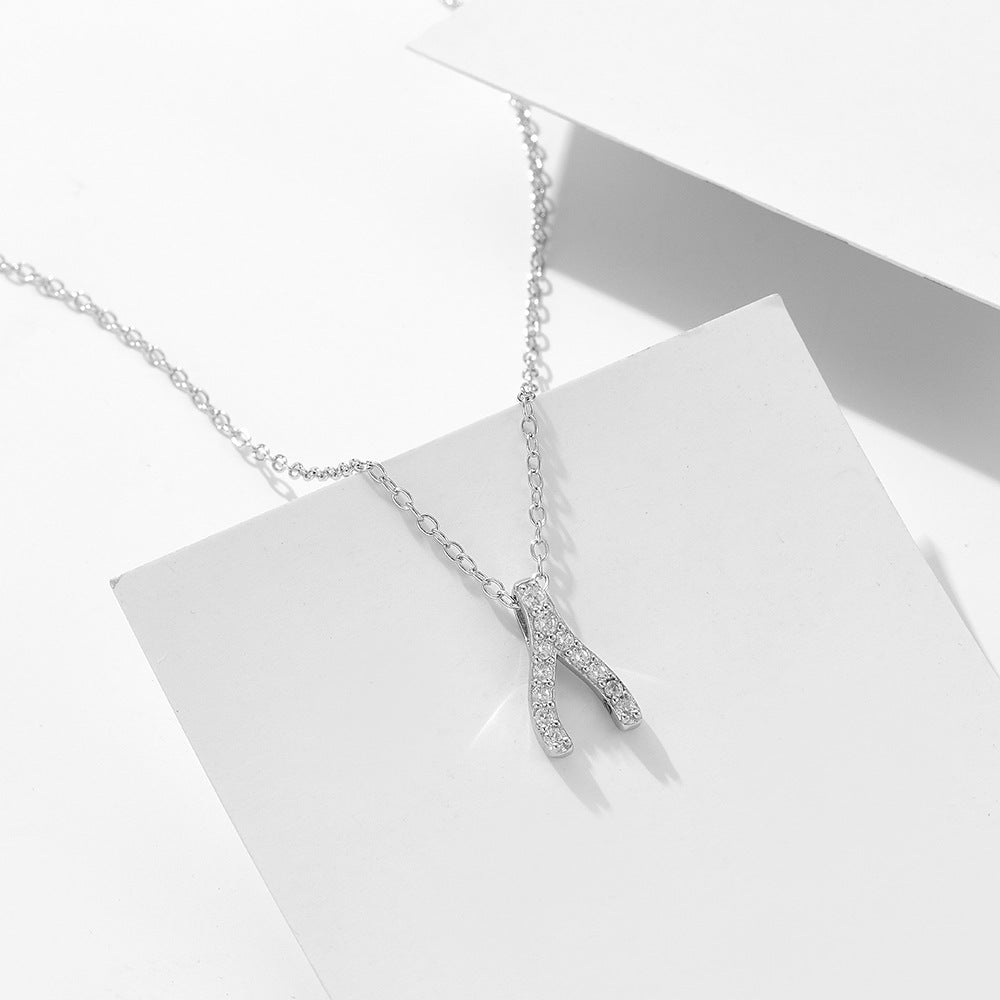 Korean Version Inlaid Zircon Necklace Geometric Herringbone Pendant S925 Sterling Silver Wishing Bone Women
