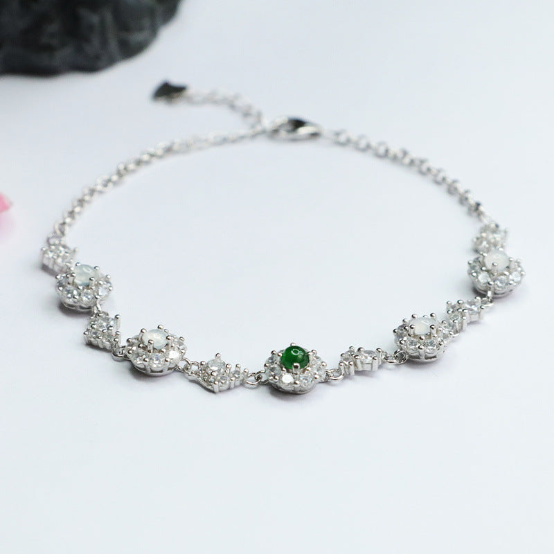 Sterling Silver Natural Ice Jadeite Bracelet with King Green and White Ice Myanmar Jade