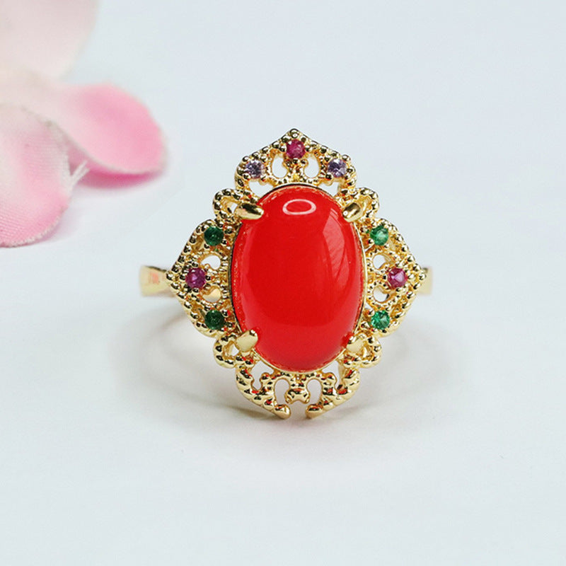 Green Chalcedony Gemstone Ring with Red Agate and Zircon in Palace Style