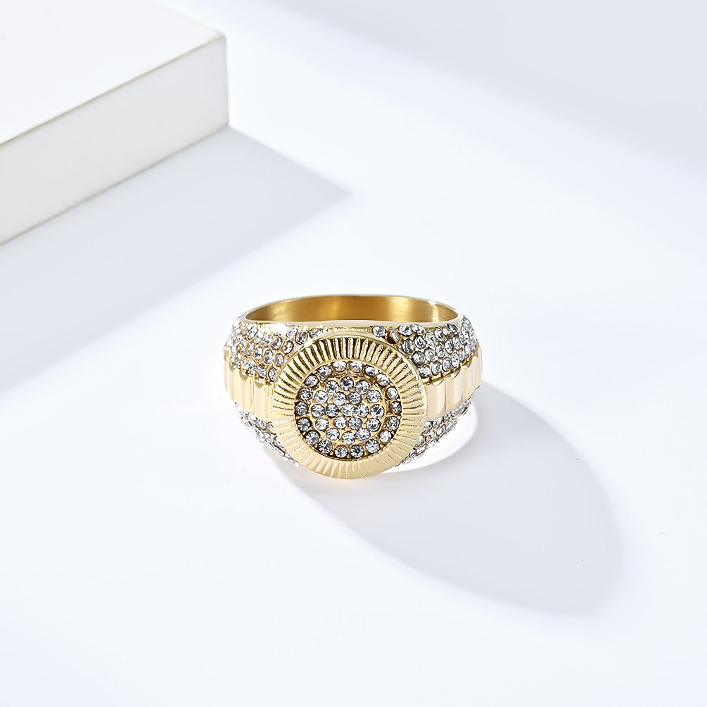 Hip-Hop Titanium Steel Ring Plated with 18K Gold for Men