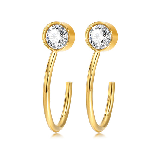 Stainless Steel Ladies Simple Versatile Zircon Earrings Gold