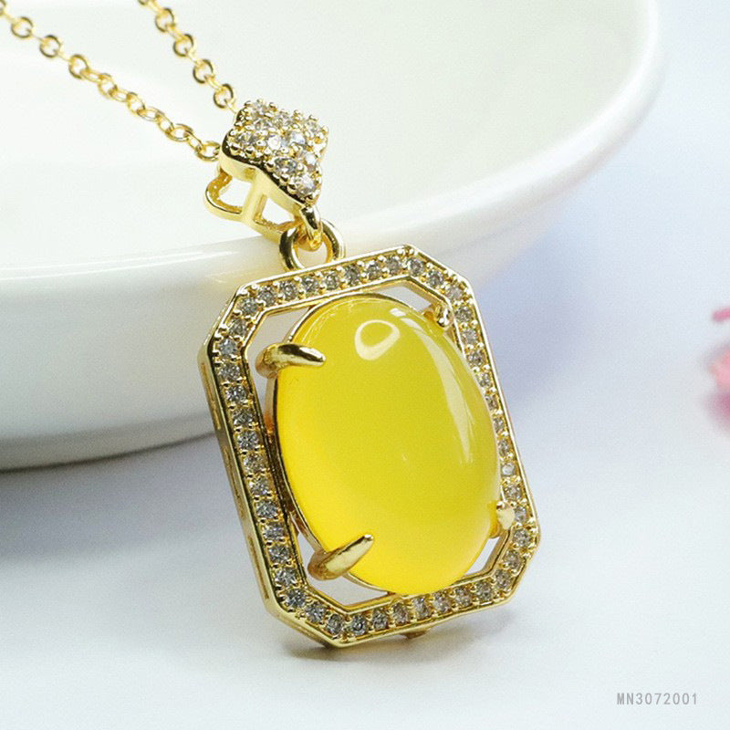 Yellow Chalcedony Oval Plaque Pendant — No Chain