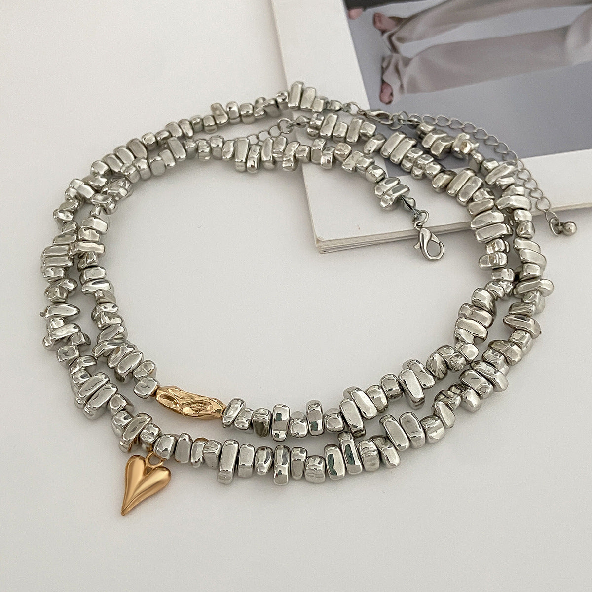 Hammered Heart Mixed-Bead Necklace