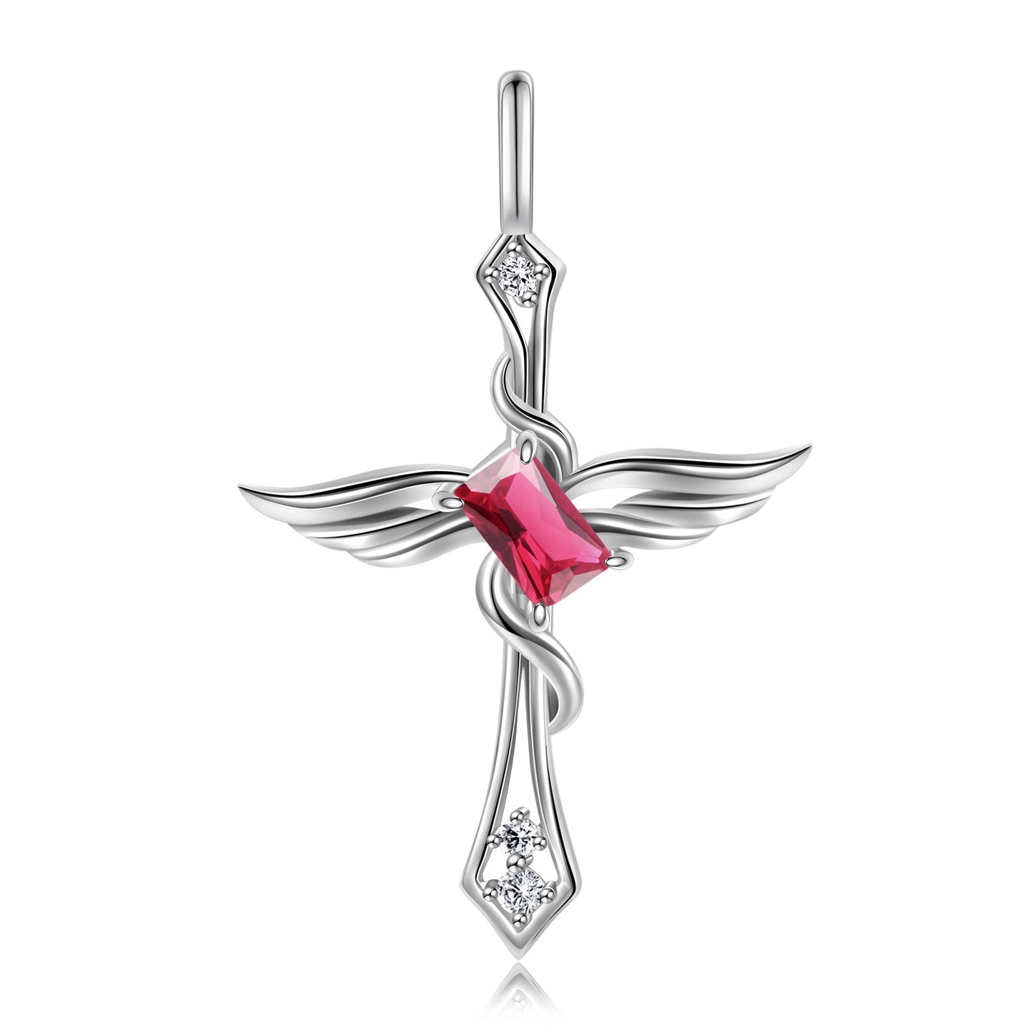 Colourful Radiant Cut Zircon Angle Wings Cross Pendant Silver Necklace