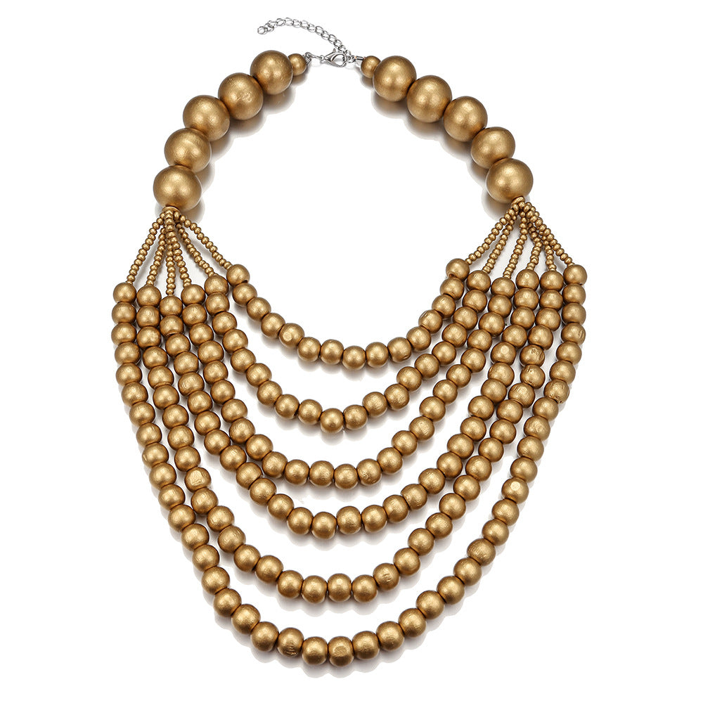 Extravagant Multilayer Wooden Bead Necklace with Black Pendant Women's Statement Jewelry