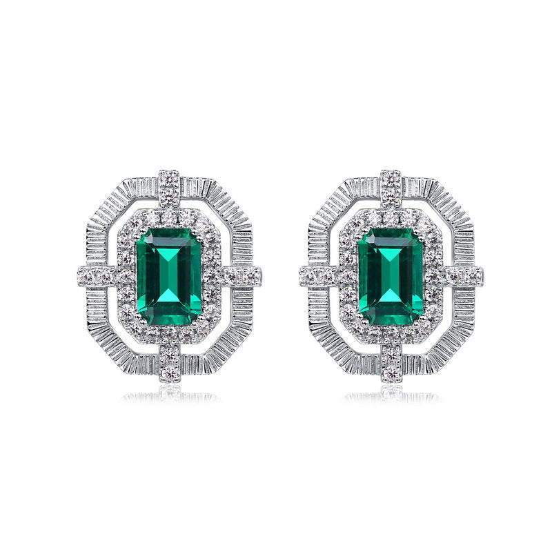 S925 Sterling Silver Lab-Grown Emerald Emerald-Cut Stud Earrings