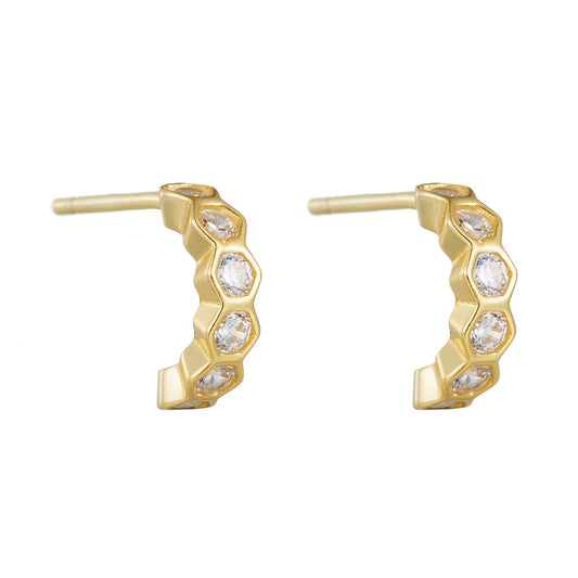 C Shape Honeycomb Round Zircon Silver Stud Earrings