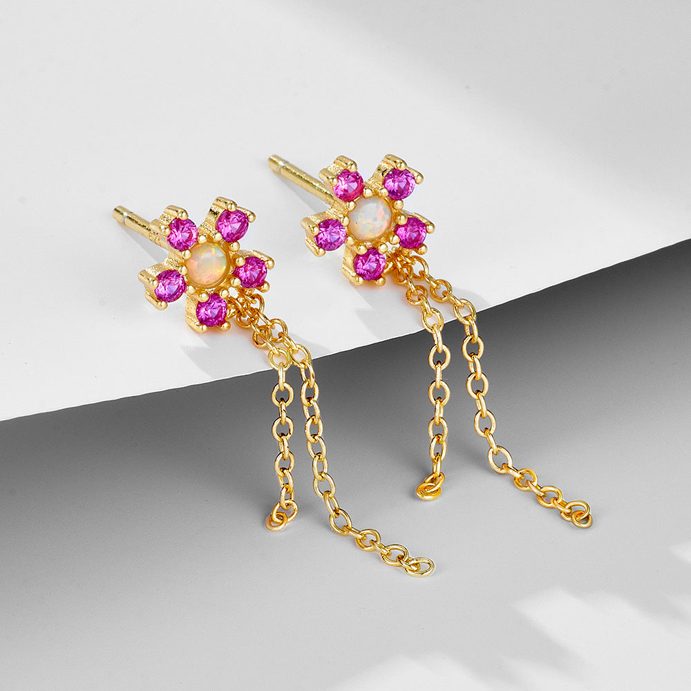 S925 Sterling Silver Zircon Chain Fringed Earrings Opal Flower Earrings