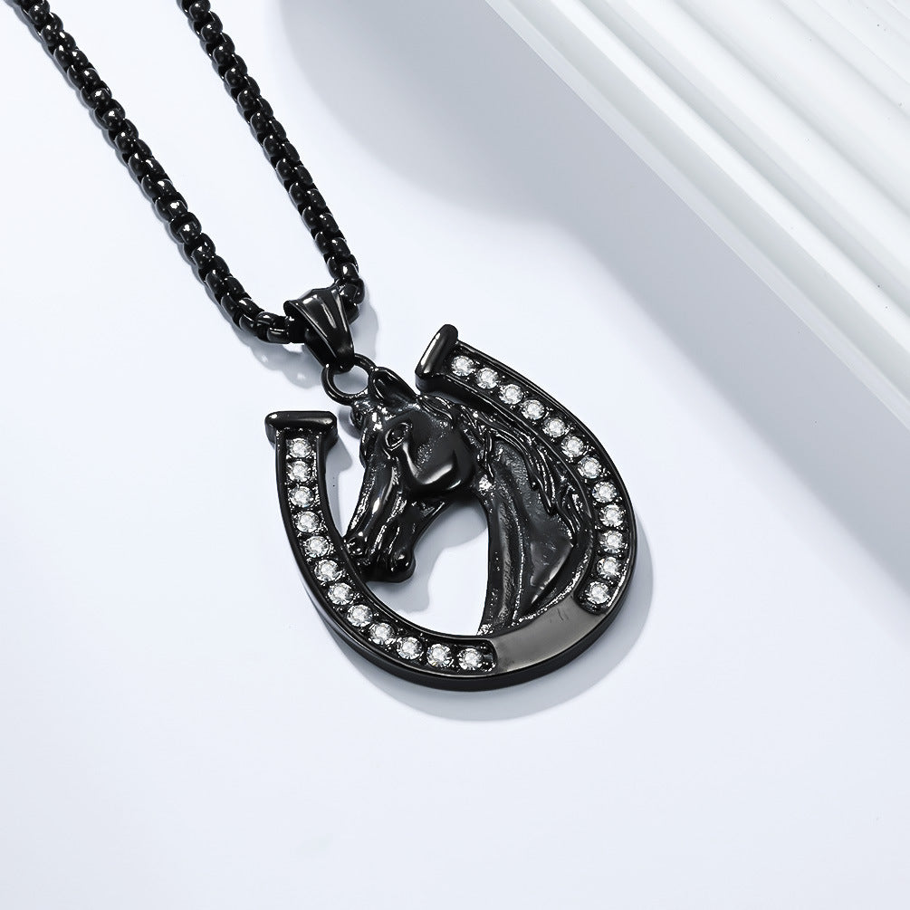 Planderful Horseshoe Zircon Necklace For Men Titanium Steel Gold Plated Horse Head Pendant Hip Hop Sweater Chain