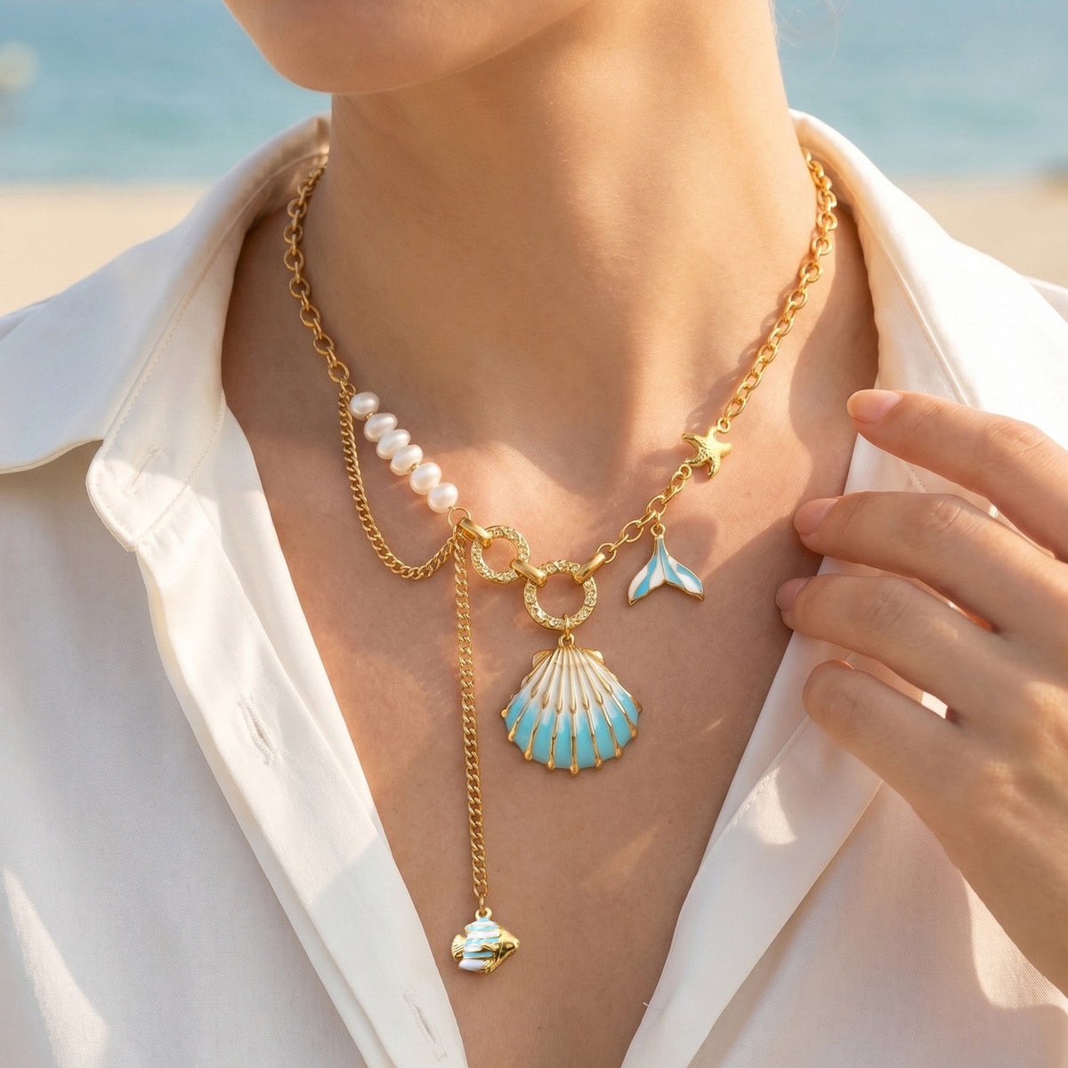 Ocean Vacation Stainless Steel Epoxy Blue Shell Small Fish Starfish Imitation Pearl Necklace