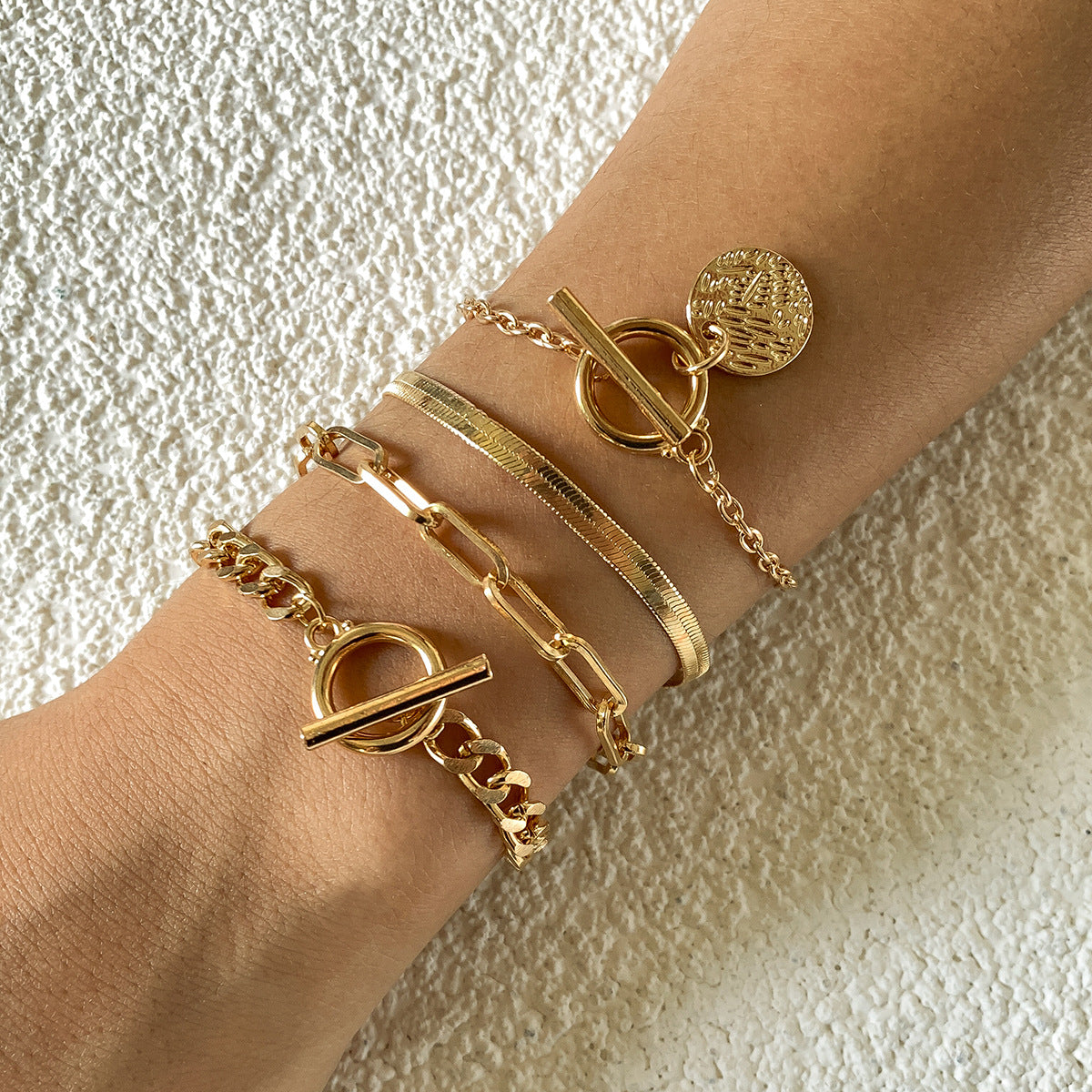 Planderful Vienna Verve Multi Layer Snake Chain Bracelet Set Buckle Tag Statement Jewelry For Women