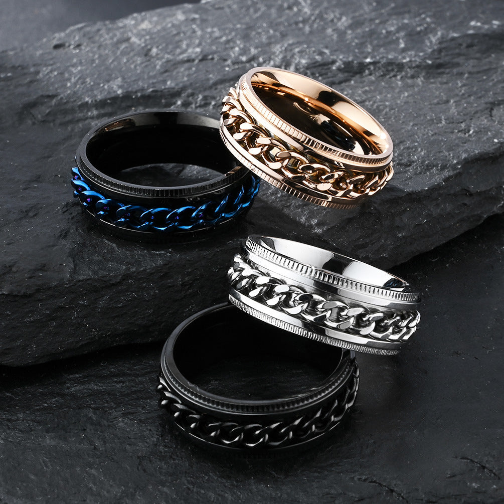 Planderful Titanium Steel Chain Ring Rotatable Design For Men Hip Hop Street Fashion Jewelry
