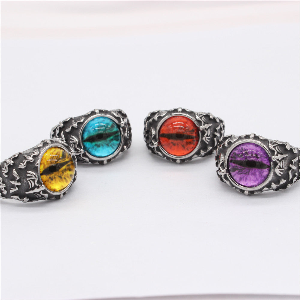 Planderful Titanium Steel Ring For Men Unisex Retro Goth Bat Colored Stone Jewelry Personalized Protection Statement