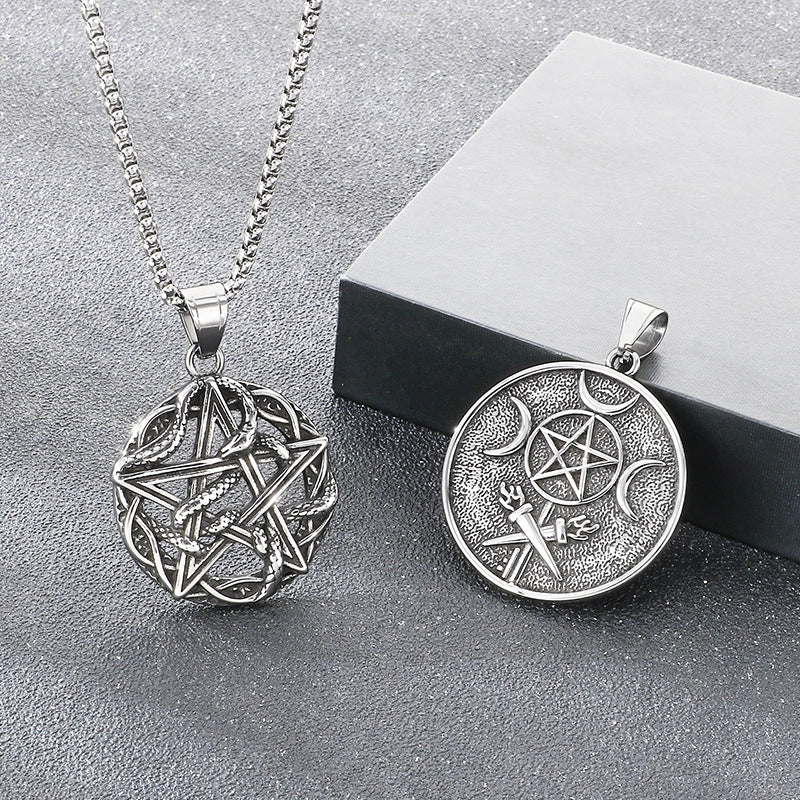 Retro Pentagram Triple Moon Necklace, Gothic Wind Snake Wrapped Pentagram Men's Titanium Steel