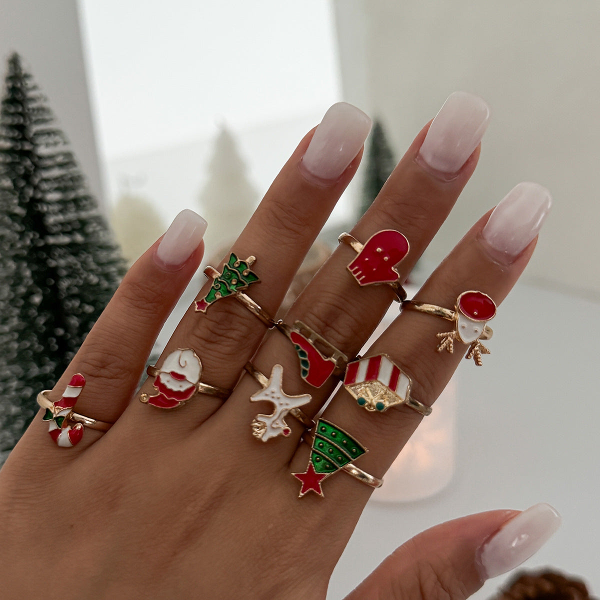 Planderful Vienna Verve Santa Elk Ring Set For Holiday Fashion Adjustable Statement Hand Jewelry Gift For Her