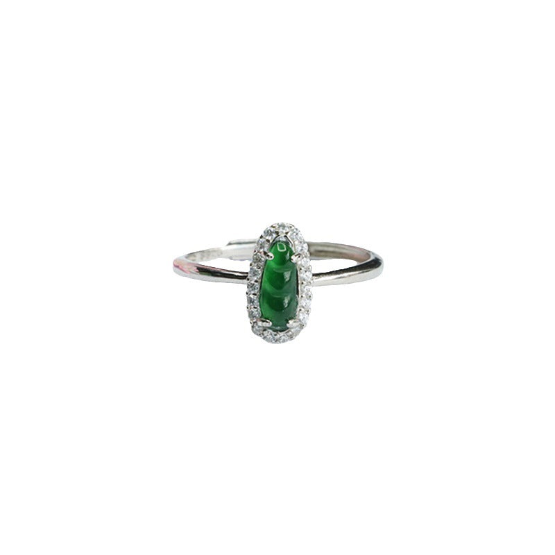Icy Green Jadeite Bean 925 Silver Adjustable Ring
