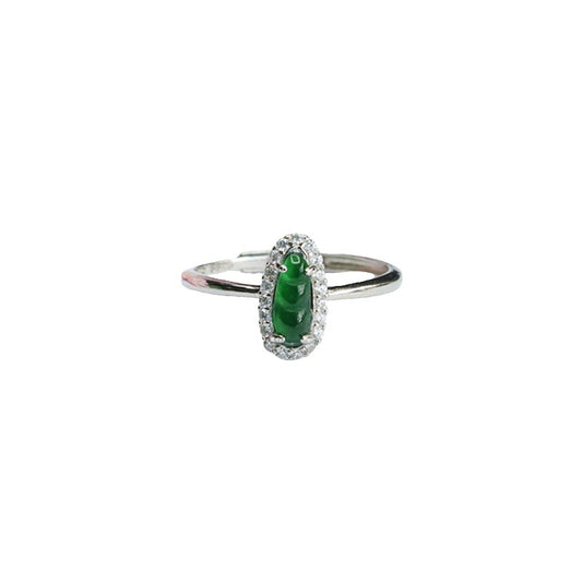 Icy Green Jadeite Bean 925 Silver Adjustable Ring