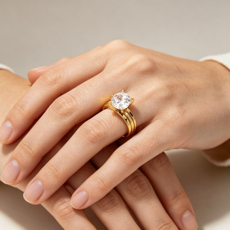 Four-Claw Zircon Double-Groove Ring, Fashionable Stainless Steel Couple Marriage Proposal, Women's