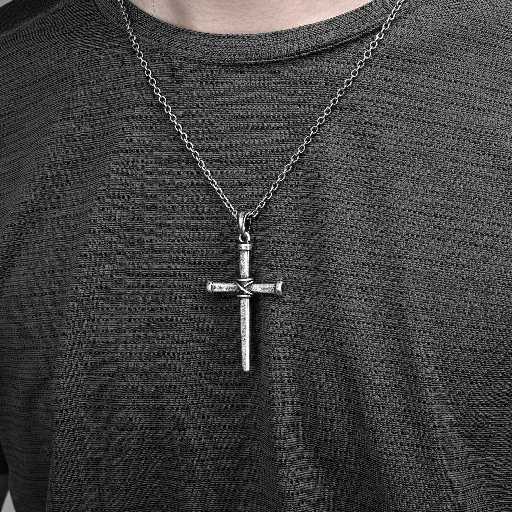 Neutral Cold Wind Retro Forged Steel Nail Cross Necklace for Men