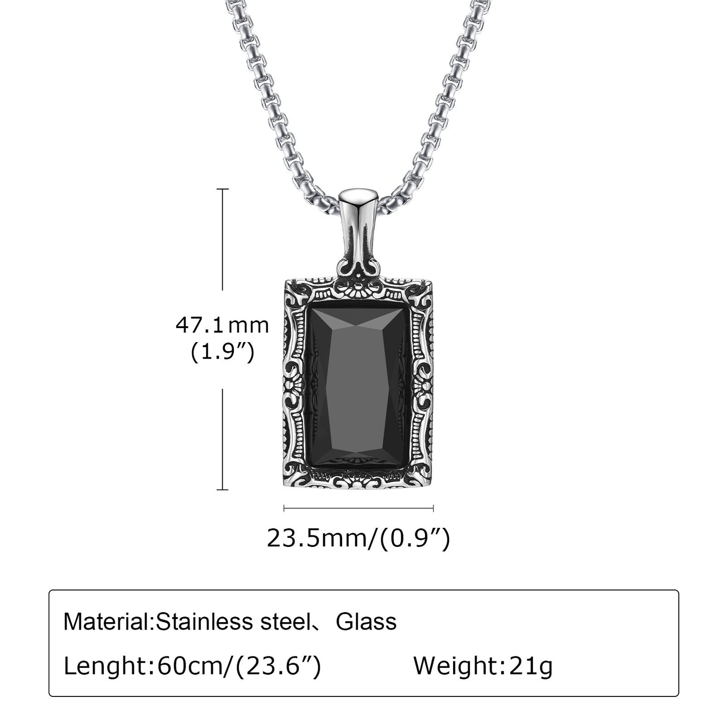Planderful Titanium Steel Pendant Necklace For Men With Square Black Glass Frame Durable Masculine Style
