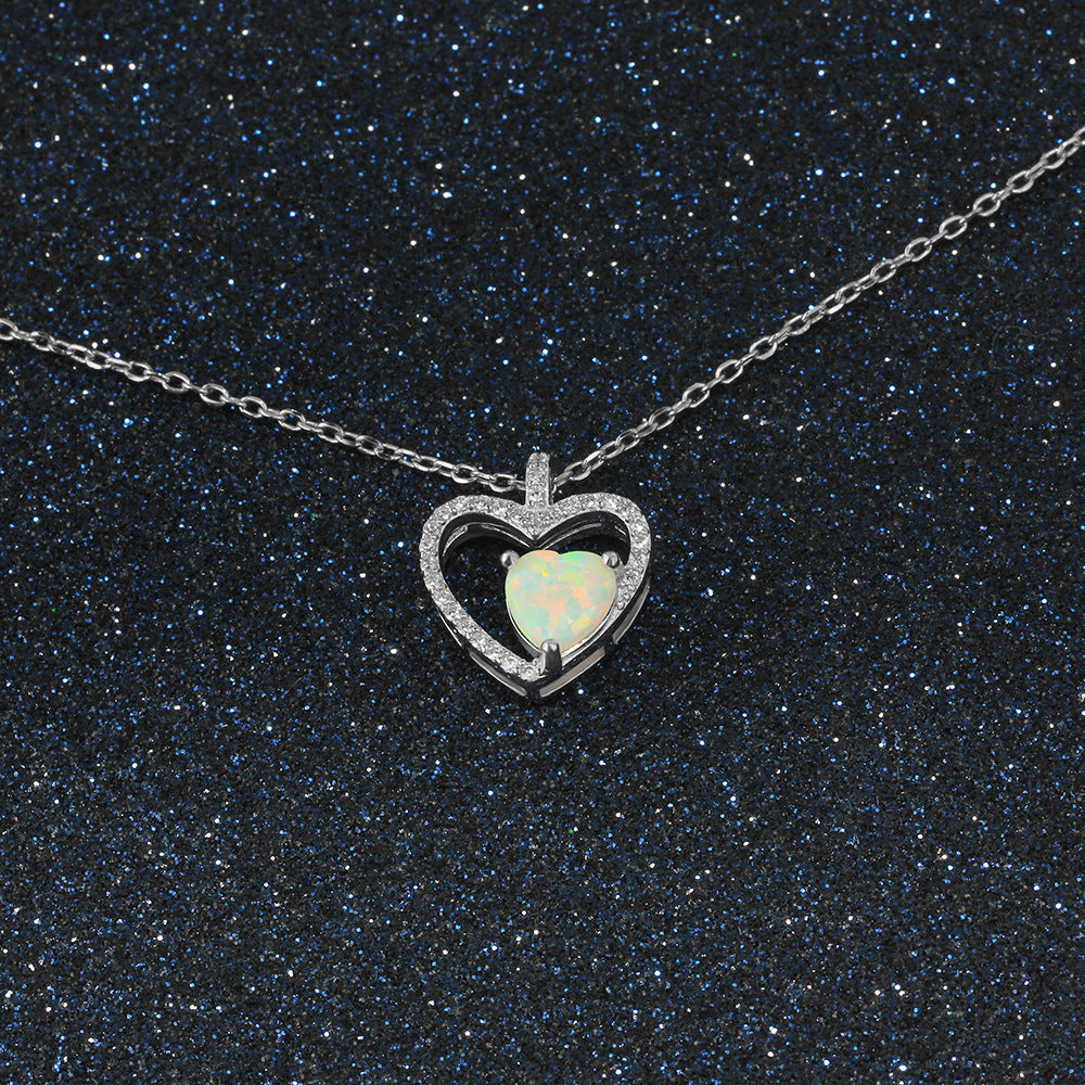 Planderful Jewelry Opal Heart Necklace in Sterling Silver with Elegant Heart Pendant