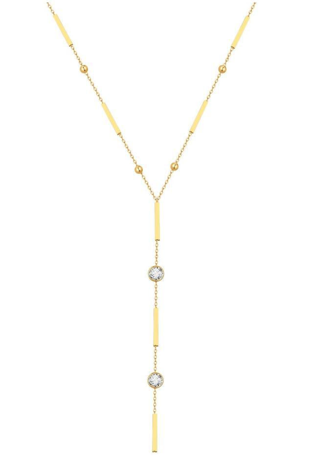Stainless Steel Square Strip Bead Spacer Y-Shaped Fringed Necklace Gold