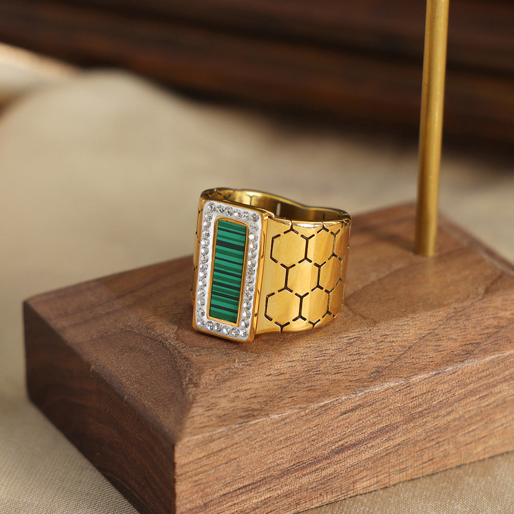 Luxurious Geometric Zircon-Embellished Ring with Titanium Steel and Gold Plating