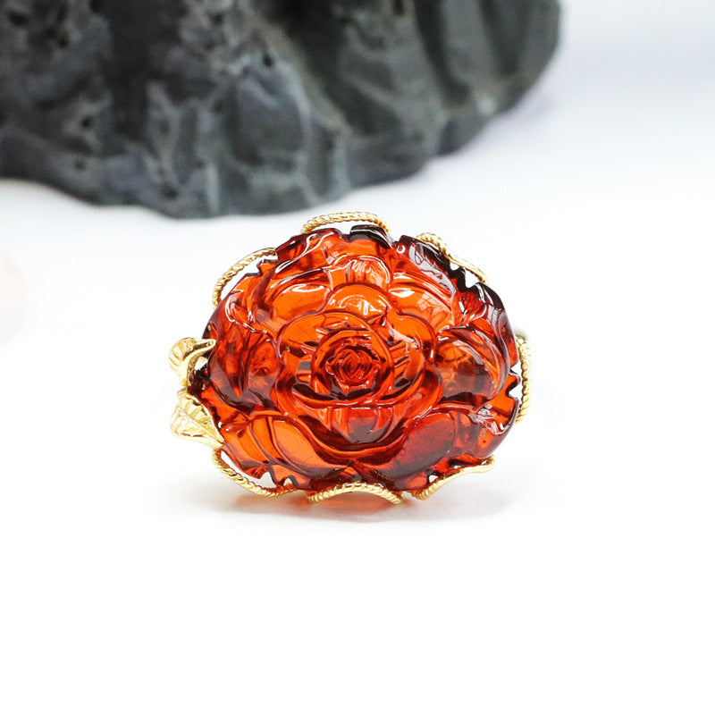 Peony Ring with Genuine Beeswax Amber in Sterling Silver