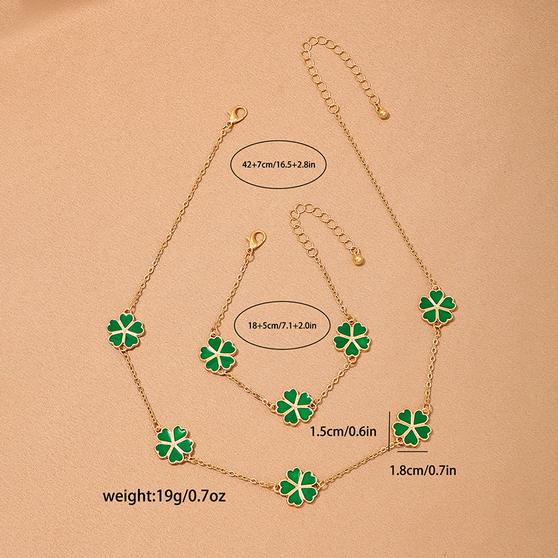 Metallic Clover Charm Jewelry Set with Green Petals - Vienna Verve Collection