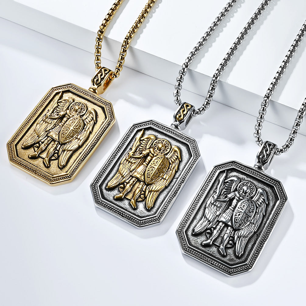 Planderful St Michaels Angel Titanium Steel Necklace For Men Non Fading Pendant
