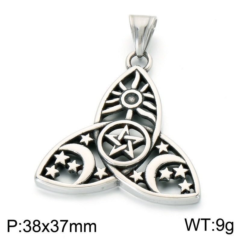 Nordic Celtic Symbol Retro Mysterious Sun And Moon Pentagram Inlaid With Opal Triangle Necklace