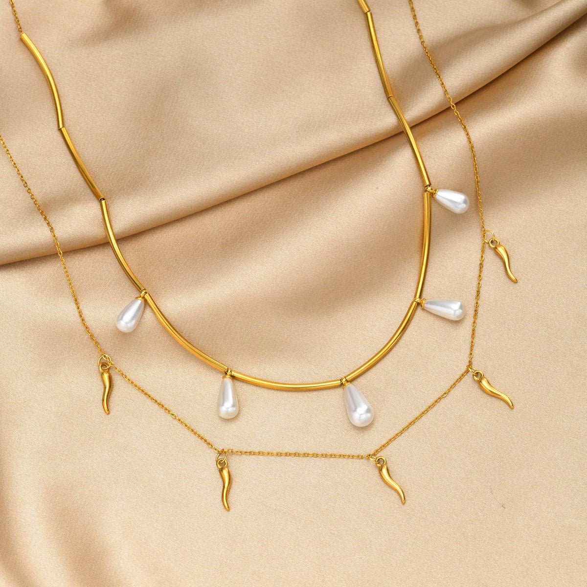 French Classic Pearl Necklace Clavicle Chain Stainless Steel Long Tube Water Drop