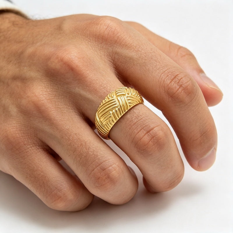 Punk Style Old Braided Ring Retro Geometric Interwoven Wide-Faced Stainless Steel Men's Ring