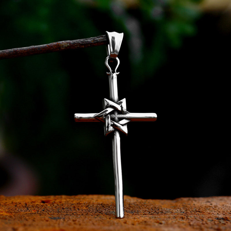 Elegant Titanium Steel Cross Pendant with Hexagram Design for Men