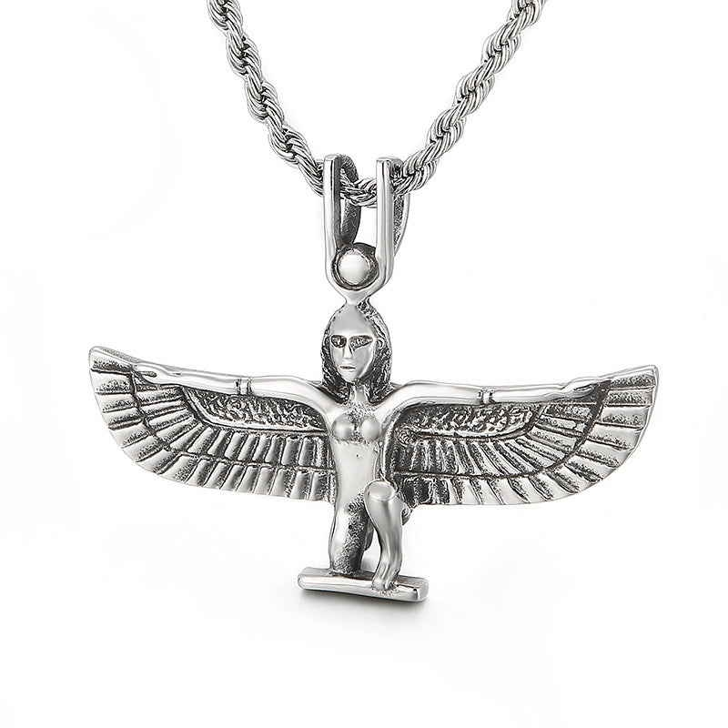 Retro Egyptian Pharaoh Men's Pendant with Eagle Angel Wings in Titanium Steel
